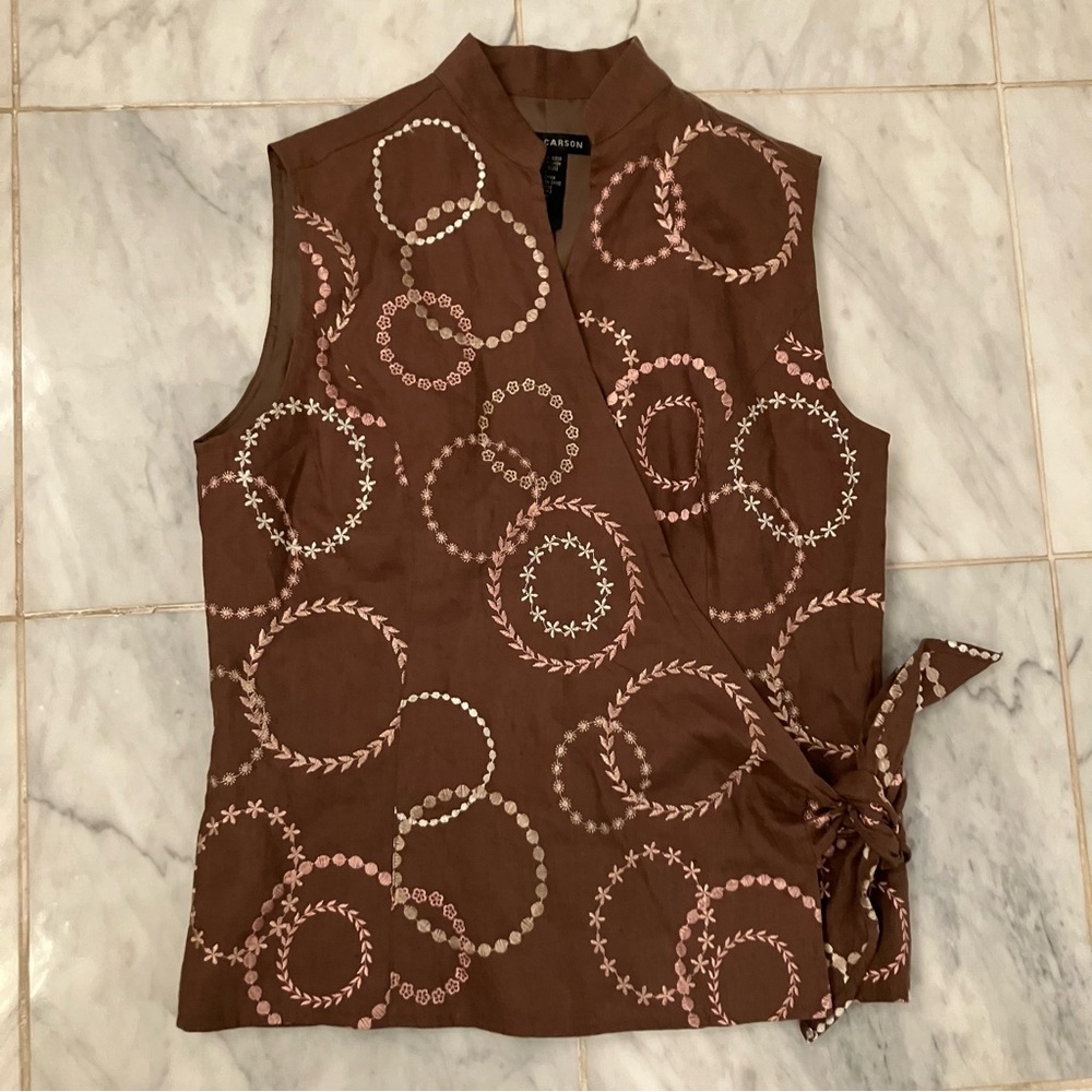 Anne Carson linen brown / Tan embroidered wrap vest.  EUC!